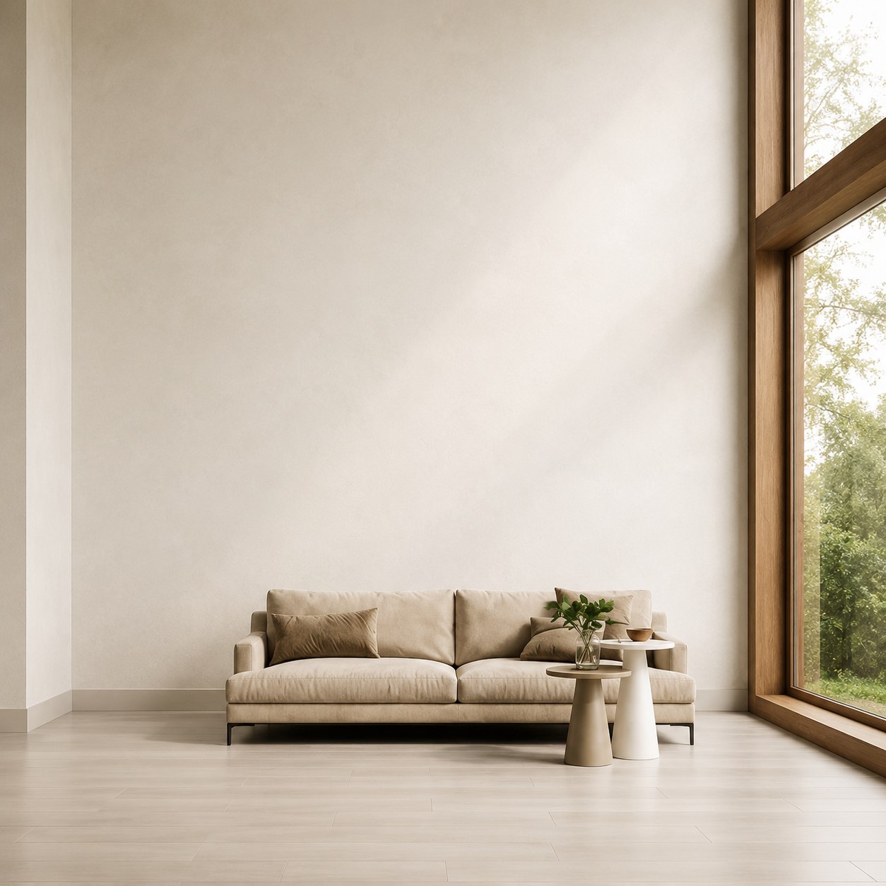 Sala con acabado de estuco veneciano en tono crema pulido