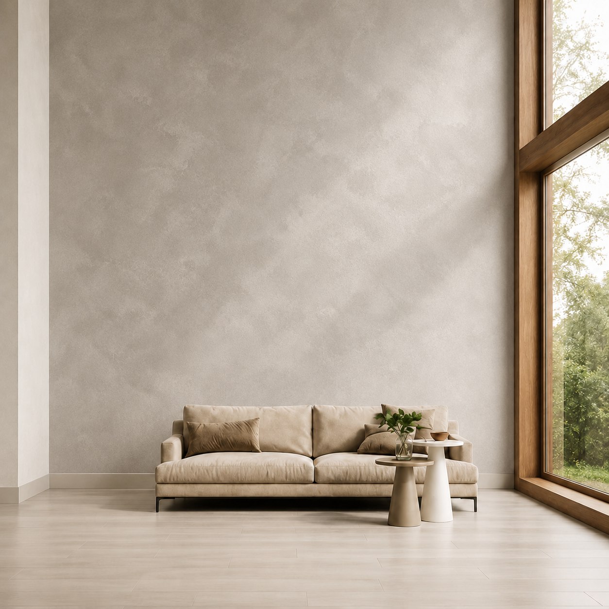 Sala con acabado de limewash en tono gris nublado