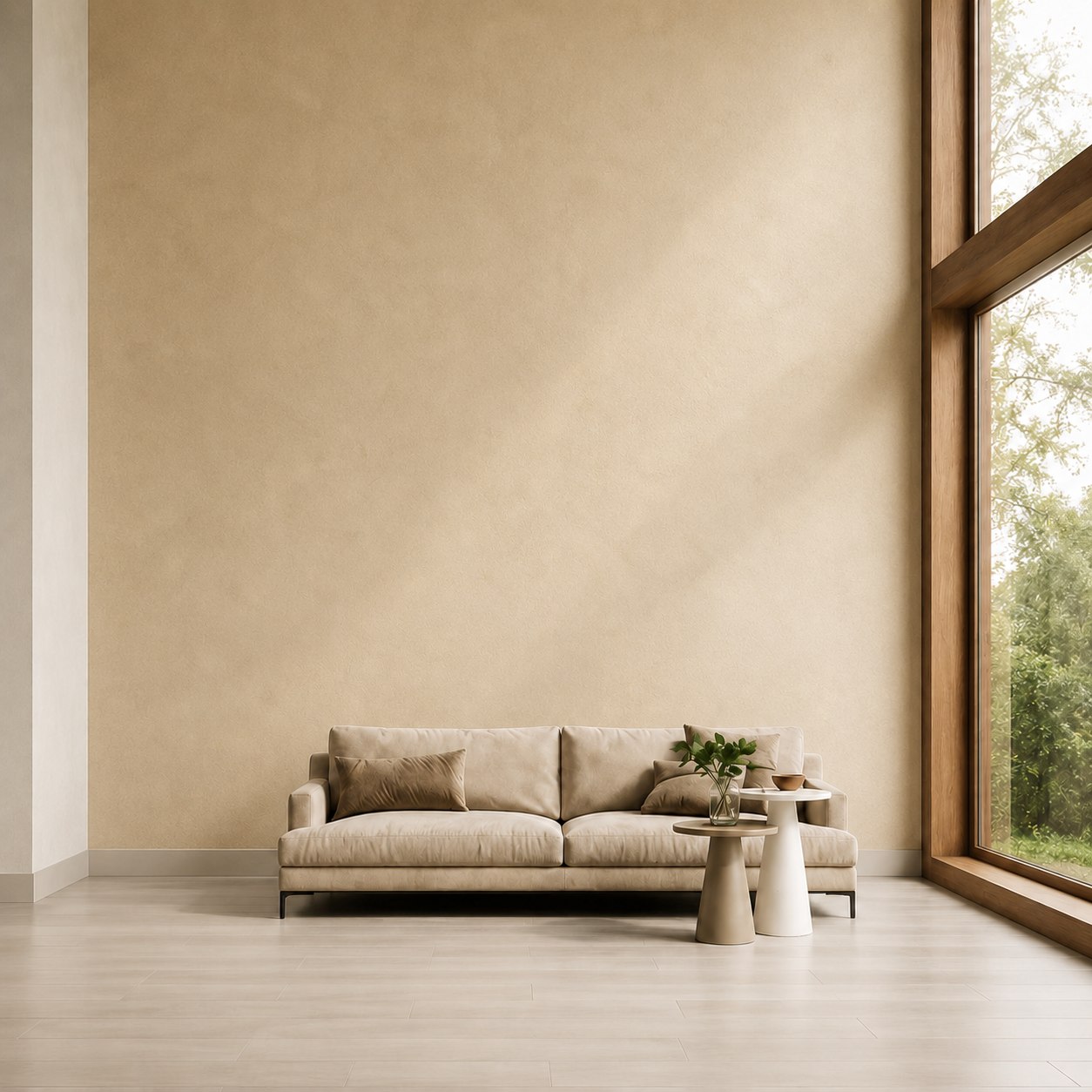 Sala con acabado de limewash en tono tostado