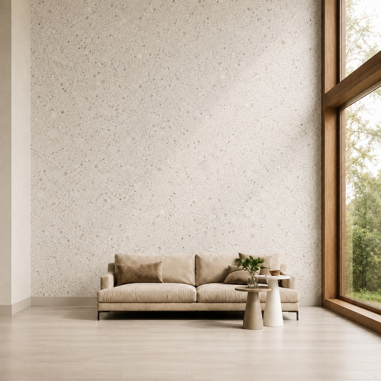 Sala con acabado de piedra granalla gris moteada