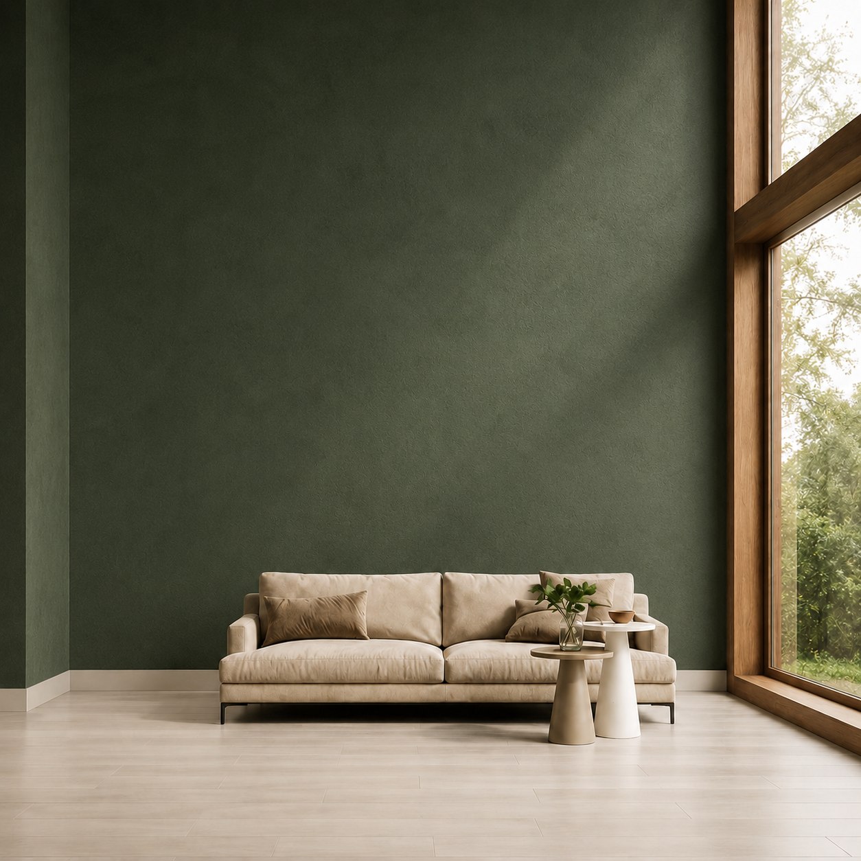 Sala con acabado de pintura mate en verde oscuro